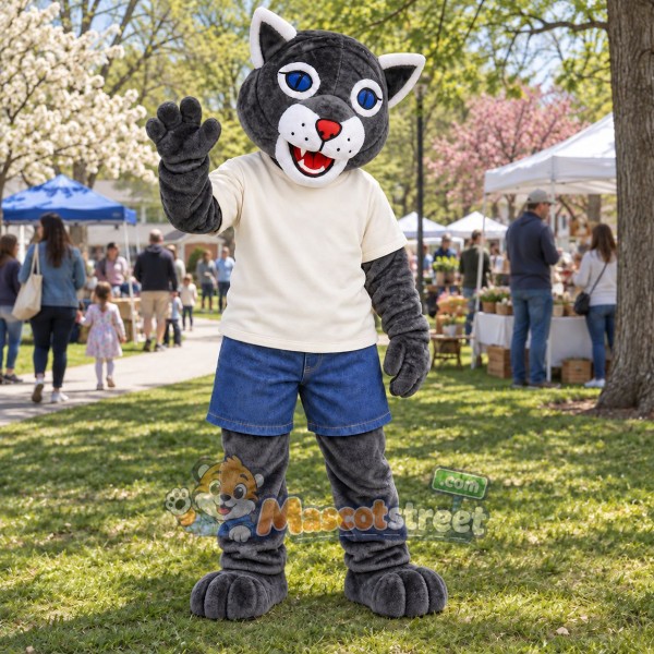 Gray Wildcat Mascot Costume with Cream Shirt and Blue Shorts