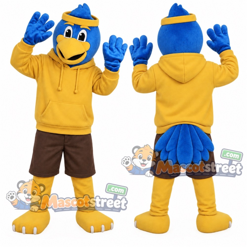 Blue Eagle Mascot Costume with Yellow Hoodie, Brown Shorts and Blue Cap