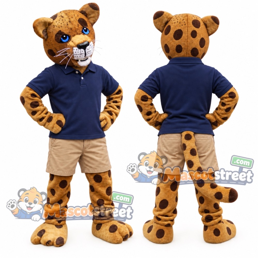 Spotted Leopard Mascot Costume with Navy Polo Shirt and Beige Shorts