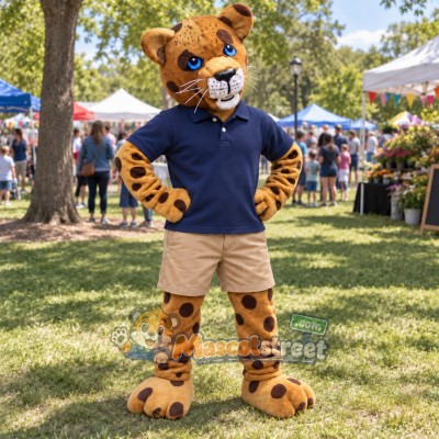 Spotted Leopard Mascot Costume with Navy Polo Shirt and Beige Shorts