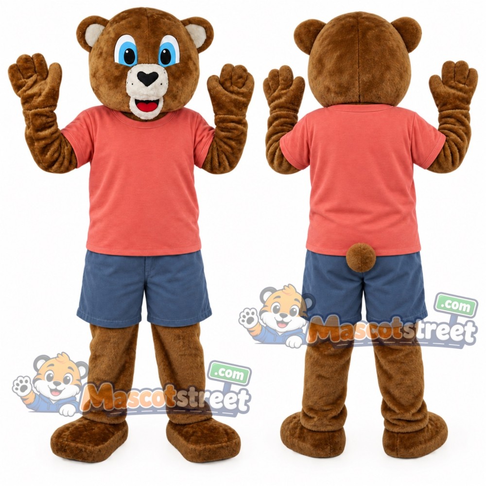 Brown Bear Mascot Costume with Coral Shirt and Blue Shorts Brown Bear Mascot Costume with Coral Shirt and Blue Shorts