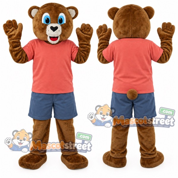 Brown Bear Mascot Costume with Coral Shirt and Blue Shorts