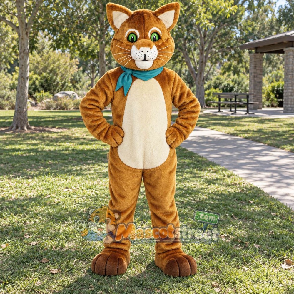 Orange Tabby Cat Mascot Costume with Teal Bow Tie Orange Tabby Cat Mascot Costume with Teal Bow Tie