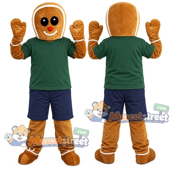 Gingerbread Man Mascot Costume with Green Shirt and Navy Shorts