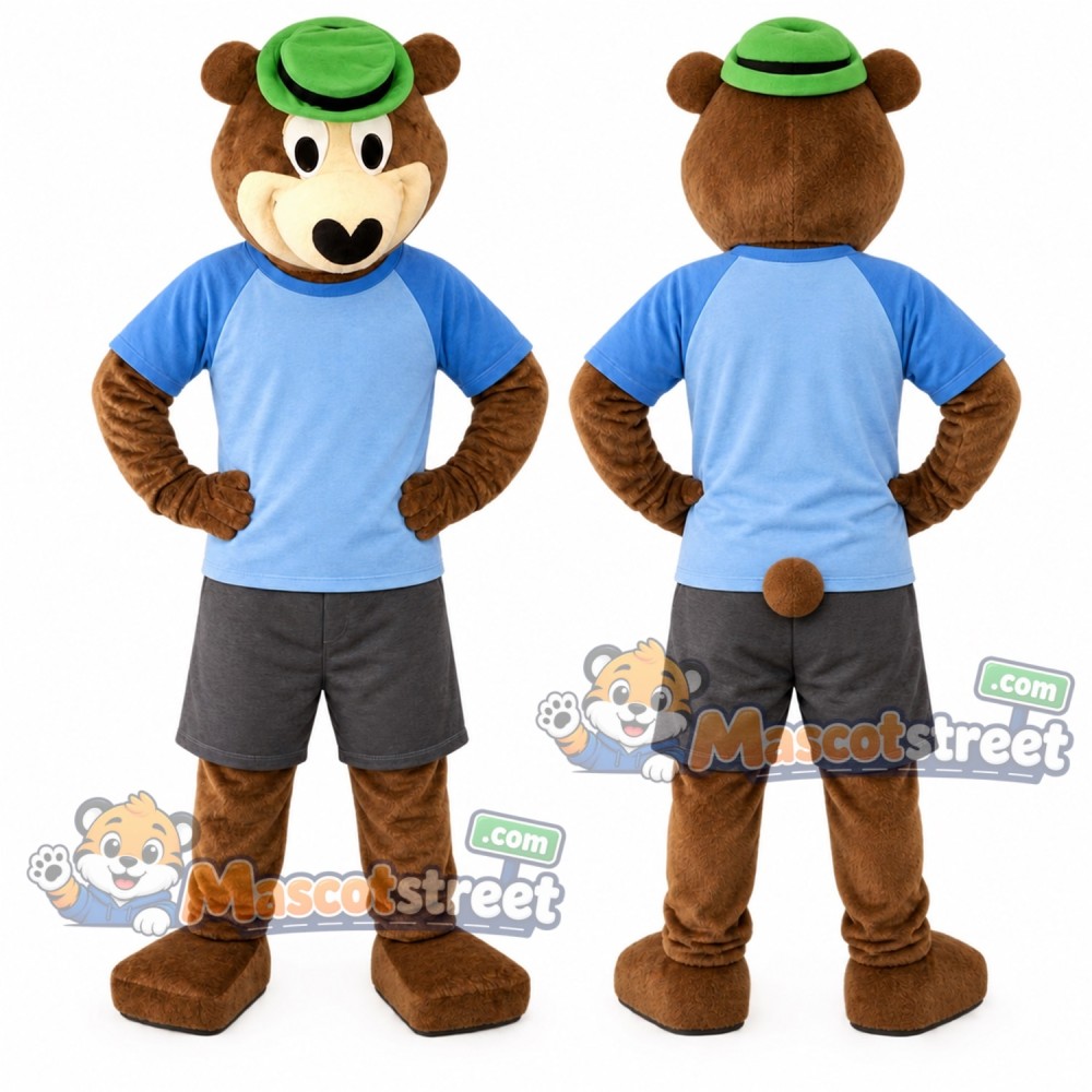 Brown Bear Mascot Costume with Blue Shirt, Gray Shorts and Green Hat Brown Bear Mascot Costume with Blue Shirt, Gray Shorts and Green Hat
