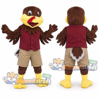 Brown Turkey Mascot Costume with Burgundy Vest and Beige Shorts
