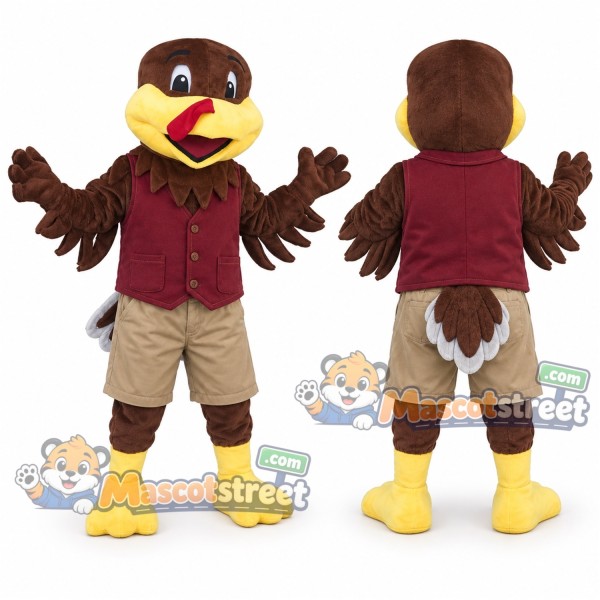 Brown Turkey Mascot Costume with Burgundy Vest and Beige Shorts