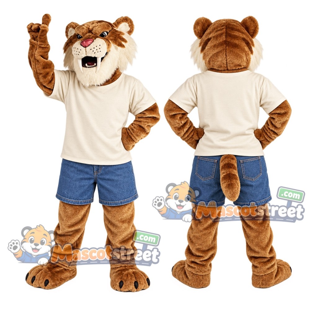 Brown Saber Toothed Tiger Mascot Costume with Cream Shirt and Blue Shorts Brown Saber Toothed Tiger Mascot Costume with Cream Shirt and Blue Shorts