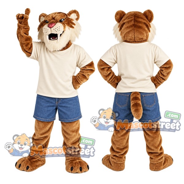 Brown Saber Toothed Tiger Mascot Costume with Cream Shirt and Blue Shorts