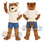 Brown Saber Toothed Tiger Mascot Costume with Cream Shirt and Blue Shorts