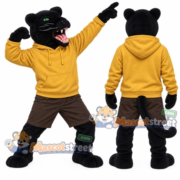Black Panther Mascot Costume with Yellow Hoodie and Brown Shorts