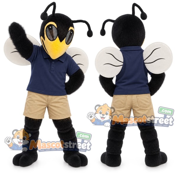 Black and Yellow Hornet Mascot Costume with Navy Polo Shirt and Beige Shorts