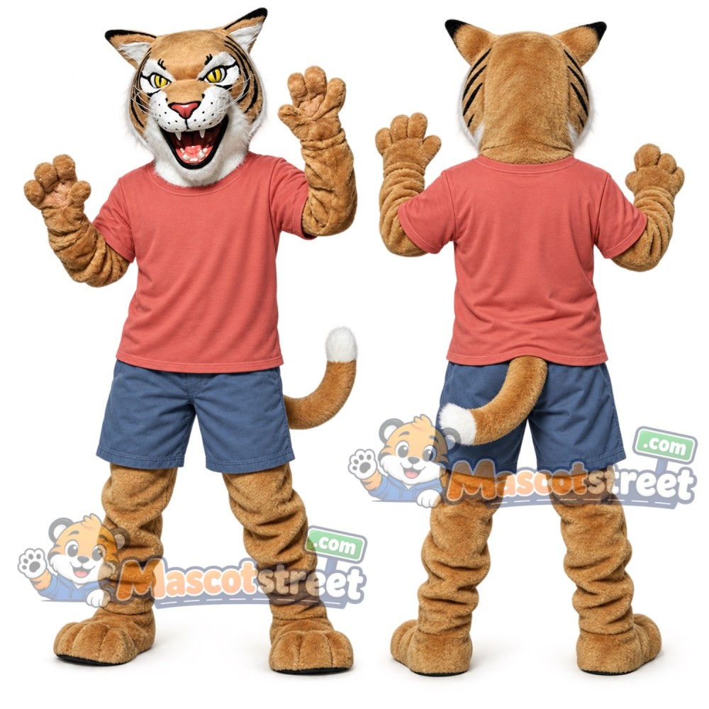 Tan Wildcat Mascot Costume with Coral Shirt and Blue Shorts