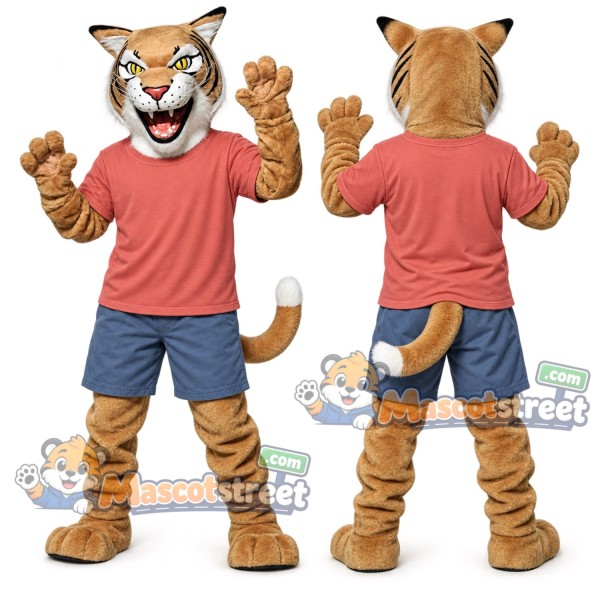Tan Wildcat Mascot Costume with Coral Shirt and Blue Shorts