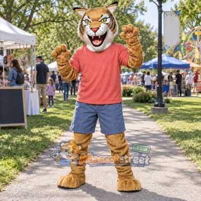 Tan Wildcat Mascot Costume with Coral Shirt and Blue Shorts