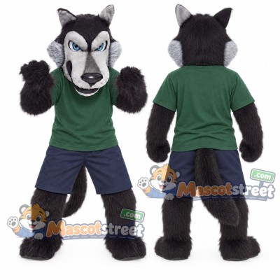 Black and Gray Wolf Mascot Costume with Green Shirt and Navy Shorts Black and Gray Wolf Mascot Costume with Green Shirt and Navy Shorts