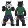 Black and Gray Wolf Mascot Costume with Green Shirt and Navy Shorts