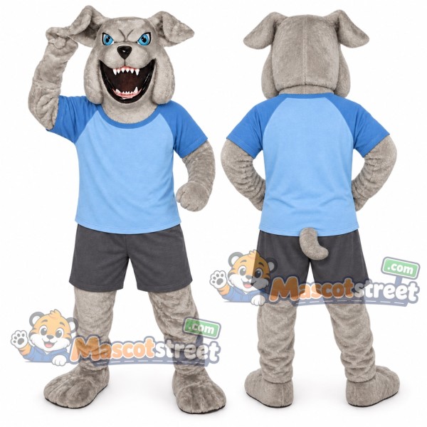 Gray Bulldog Mascot Costume with Blue Shirt and Gray Shorts
