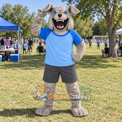 Gray Bulldog Mascot Costume with Blue Shirt and Gray Shorts Gray Bulldog Mascot Costume with Blue Shirt and Gray Shorts