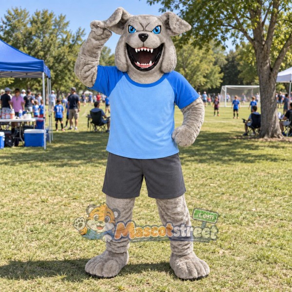 Gray Bulldog Mascot Costume with Blue Shirt and Gray Shorts