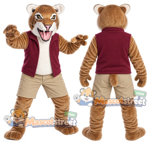 Tan Wildcat Mascot Costume with Burgundy Vest and Beige Shorts