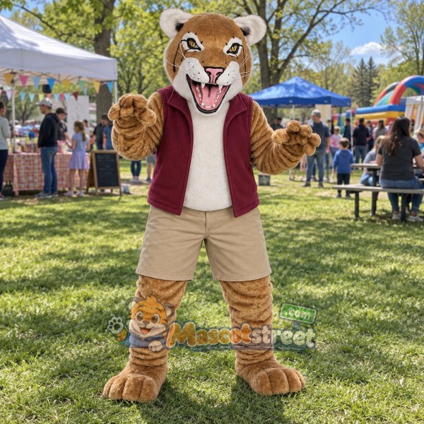 Tan Wildcat Mascot Costume with Burgundy Vest and Beige Shorts