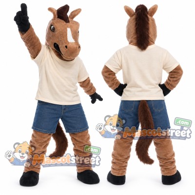 Brown Horse Mascot Costume with Cream Shirt and Blue Shorts
