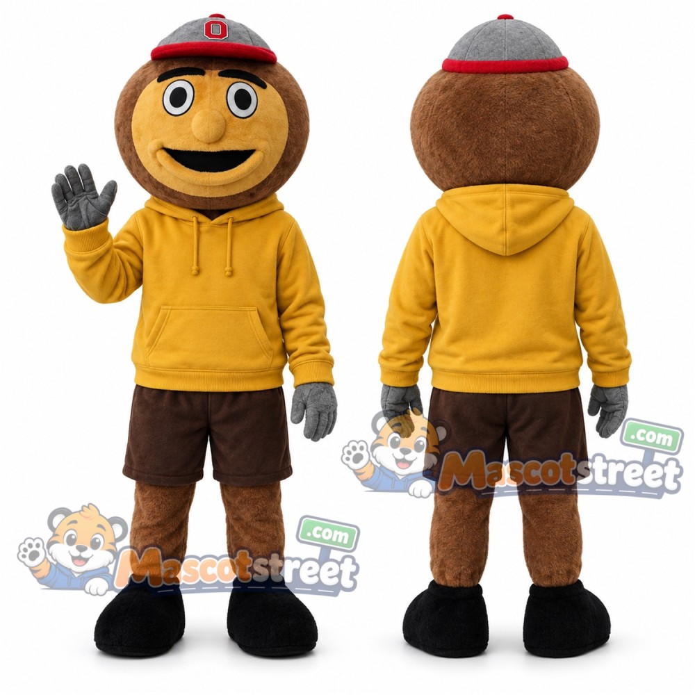 Brown Nut Character Mascot Costume with Yellow Hoodie, Brown Shorts and Gray Cap