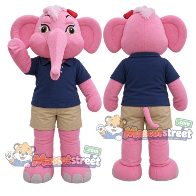 Pink Elephant Mascot Costume with Navy Polo Shirt and Beige Shorts