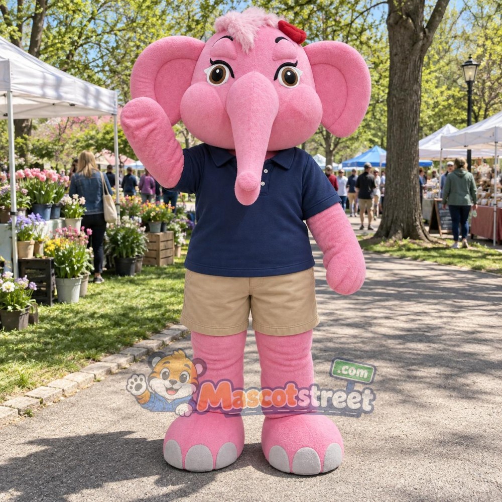 Pink Elephant Mascot Costume with Navy Polo Shirt and Beige Shorts