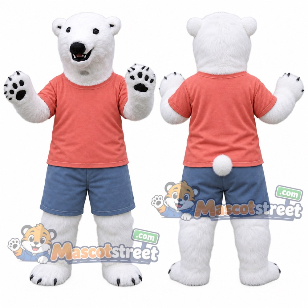 White Polar Bear Mascot Costume with Coral Shirt and Blue Shorts