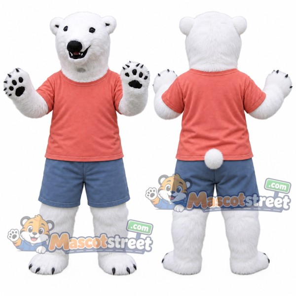 White Polar Bear Mascot Costume with Coral Shirt and Blue Shorts