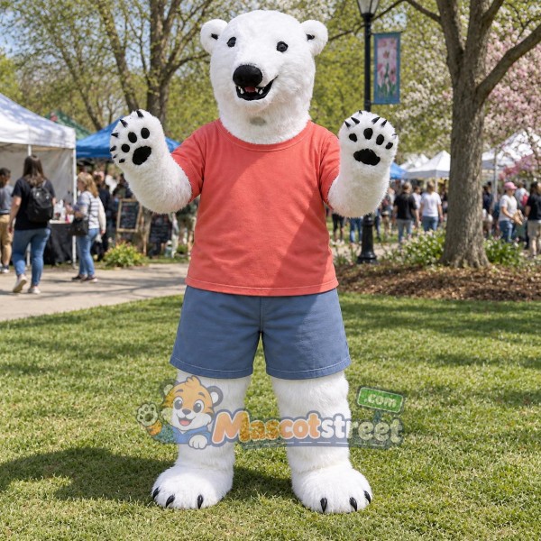White Polar Bear Mascot Costume with Coral Shirt and Blue Shorts