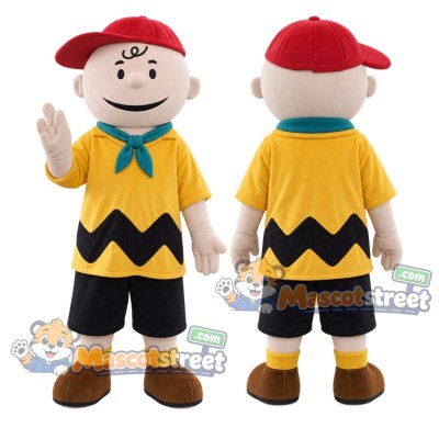 Boy Mascot Costume with Yellow Zigzag Shirt, Black Shorts, Teal Neckerchief and Red Cap Boy Mascot Costume with Yellow Zigzag Shirt, Black Shorts, Teal Neckerchief and Red Cap
