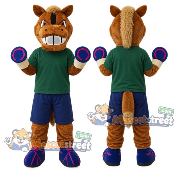 Brown Horse Mascot Costume with Green Shirt and Navy Shorts