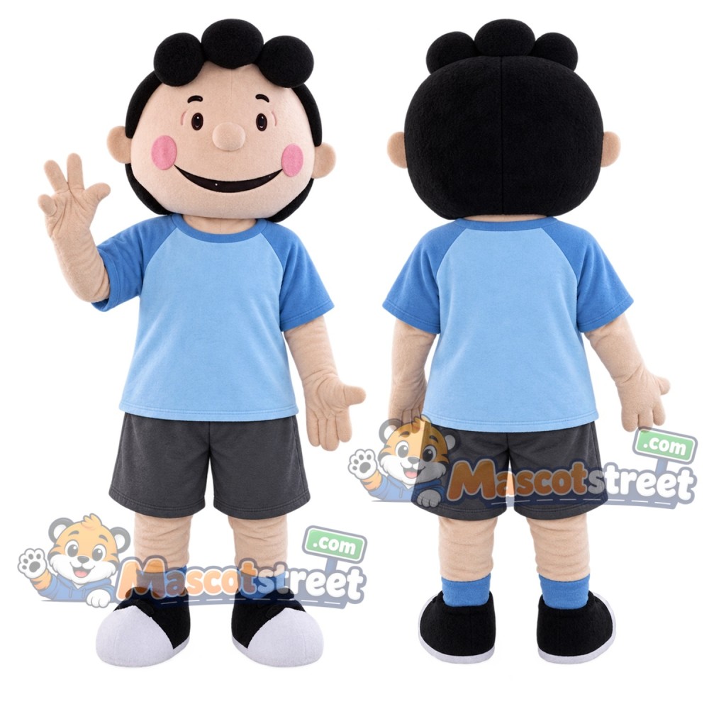 Black Haired Girl Mascot Costume with Blue Shirt and Gray Shorts Black Haired Girl Mascot Costume with Blue Shirt and Gray Shorts