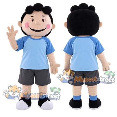 Black Haired Girl Mascot Costume with Blue Shirt and Gray Shorts Black Haired Girl Mascot Costume with Blue Shirt and Gray Shorts