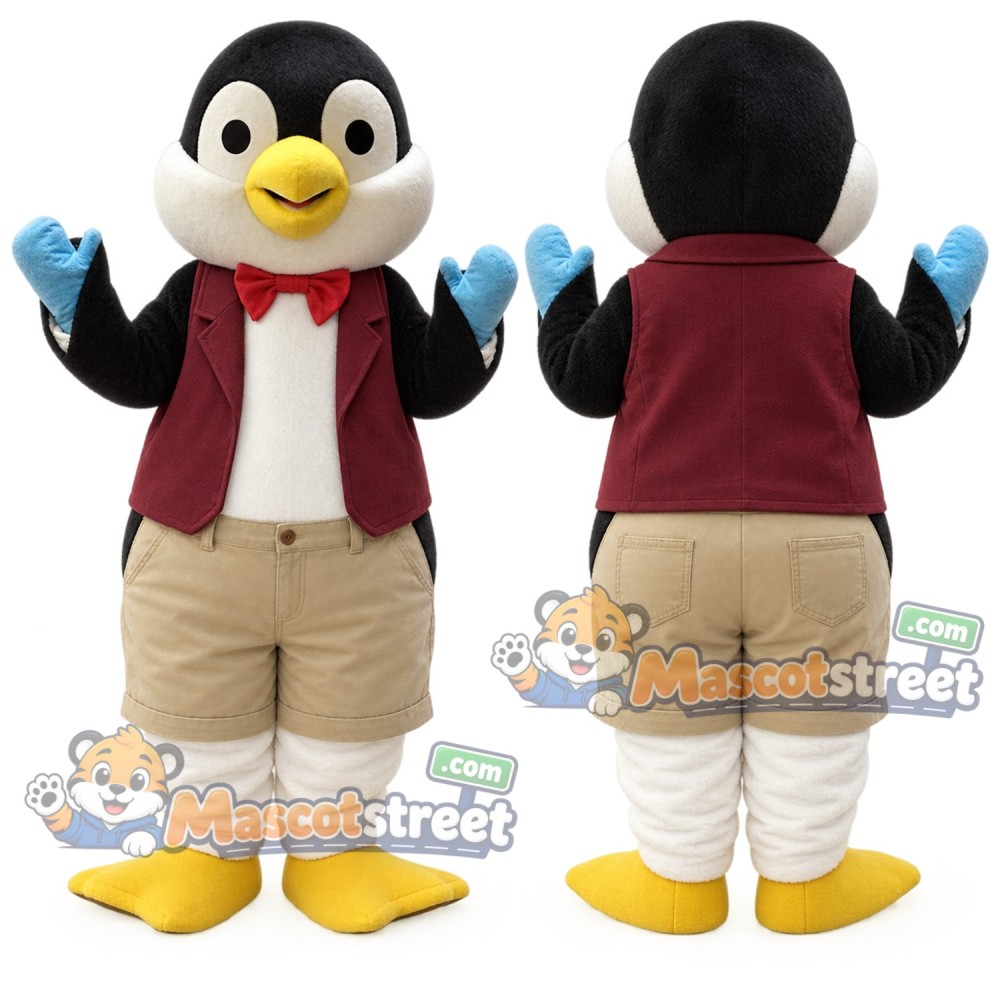 Black and White Penguin Mascot Costume with Burgundy Vest and Beige Shorts Black and White Penguin Mascot Costume with Burgundy Vest and Beige Shorts