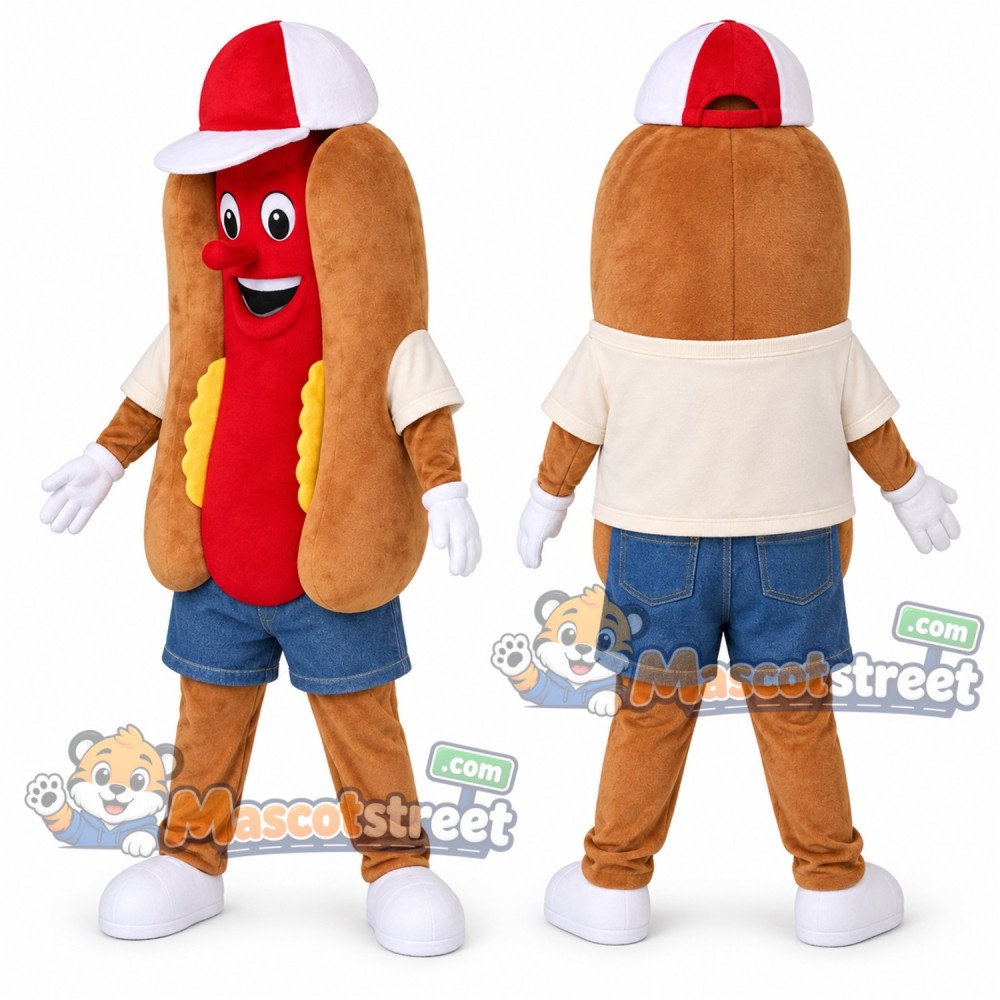 Hot Dog Mascot Costume with Cream Shirt, Blue Shorts and Red Cap Hot Dog Mascot Costume with Cream Shirt, Blue Shorts and Red Cap