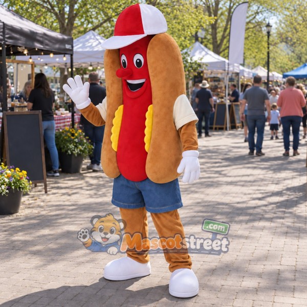 Hot Dog Mascot Costume with Cream Shirt, Blue Shorts and Red Cap Hot Dog Mascot Costume with Cream Shirt, Blue Shorts and Red Cap