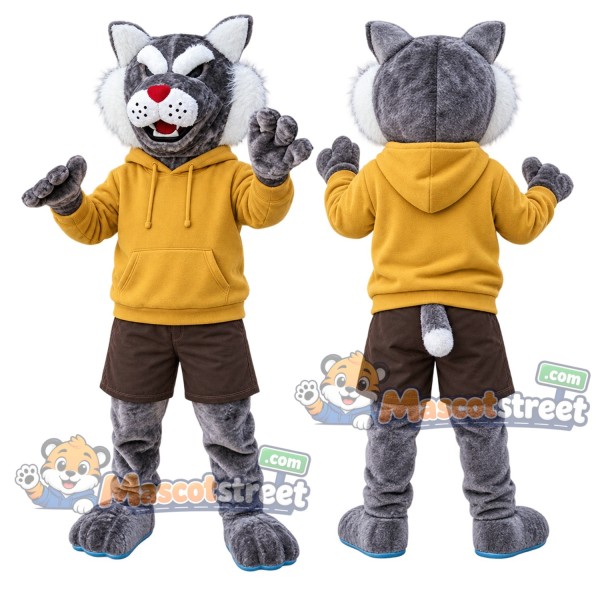Gray Wildcat Mascot Costume with Yellow Hoodie and Brown Shorts