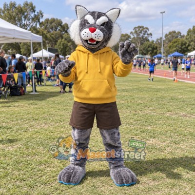 Gray Wildcat Mascot Costume with Yellow Hoodie and Brown Shorts Gray Wildcat Mascot Costume with Yellow Hoodie and Brown Shorts
