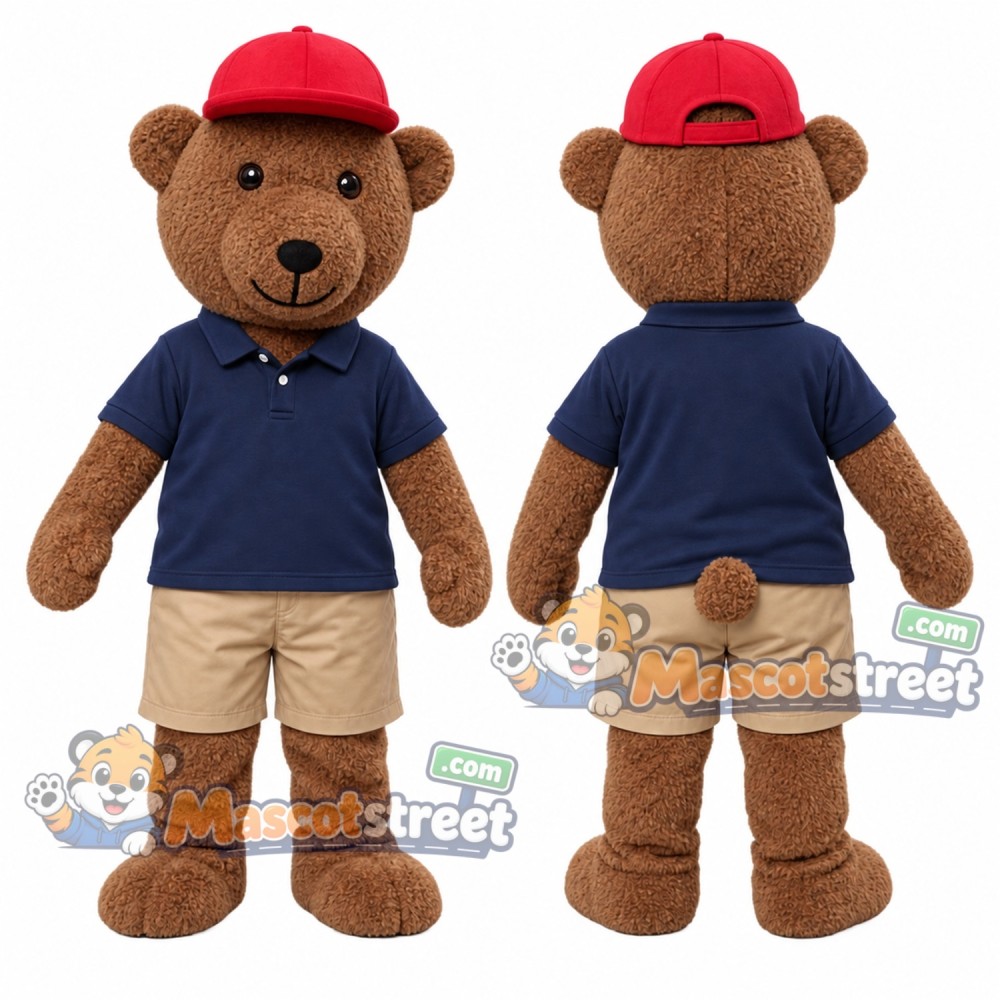Brown Bear Mascot Costume with Navy Polo Shirt, Beige Shorts and Red Cap Brown Bear Mascot Costume with Navy Polo Shirt, Beige Shorts and Red Cap