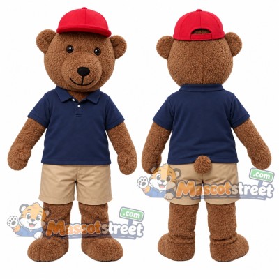 Brown Bear Mascot Costume with Navy Polo Shirt, Beige Shorts and Red Cap Brown Bear Mascot Costume with Navy Polo Shirt, Beige Shorts and Red Cap