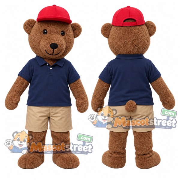 Brown Bear Mascot Costume with Navy Polo Shirt, Beige Shorts and Red Cap