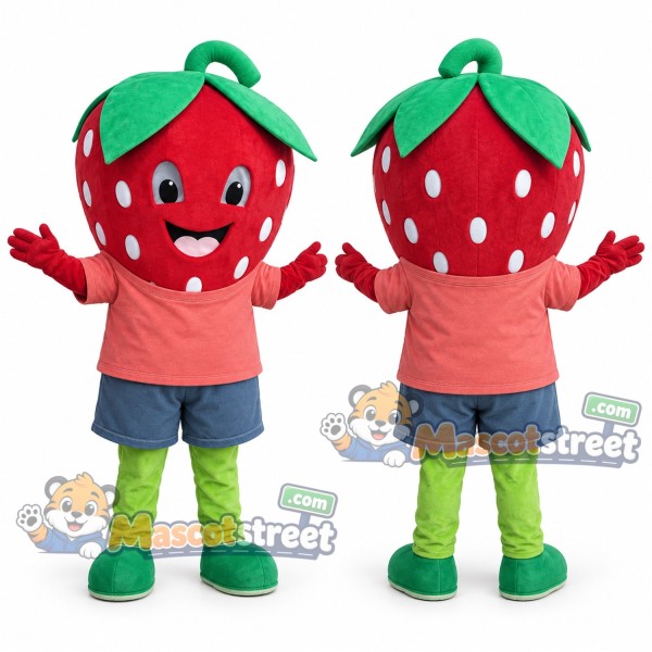 Red Strawberry Mascot Costume with Coral Shirt and Blue Shorts