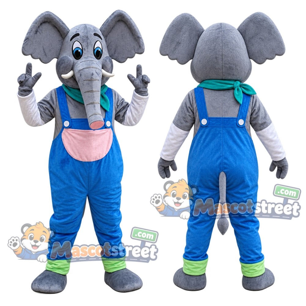 Gray Elephant Mascot Costume with Blue Overalls and Teal Scarf Gray Elephant Mascot Costume with Blue Overalls and Teal Scarf
