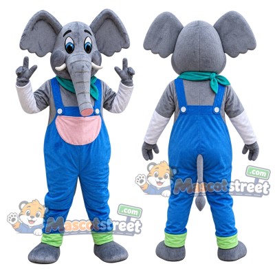 Gray Elephant Mascot Costume with Blue Overalls and Teal Scarf Gray Elephant Mascot Costume with Blue Overalls and Teal Scarf
