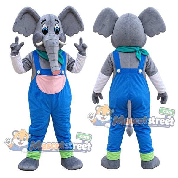Gray Elephant Mascot Costume with Blue Overalls and Teal Scarf