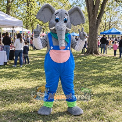 Gray Elephant Mascot Costume with Blue Overalls and Teal Scarf Gray Elephant Mascot Costume with Blue Overalls and Teal Scarf